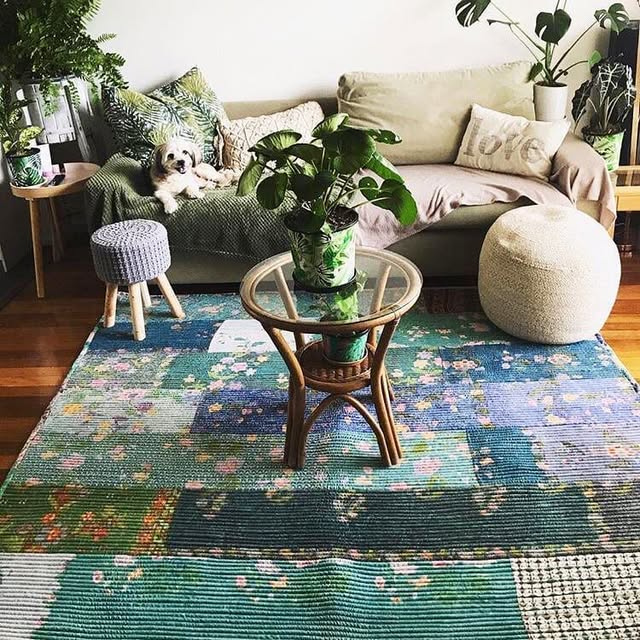 Patchwork textiles in a relaxed home interior