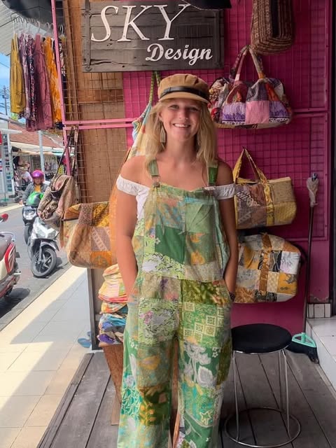 Green patchwork overall outside Sky Design Bali